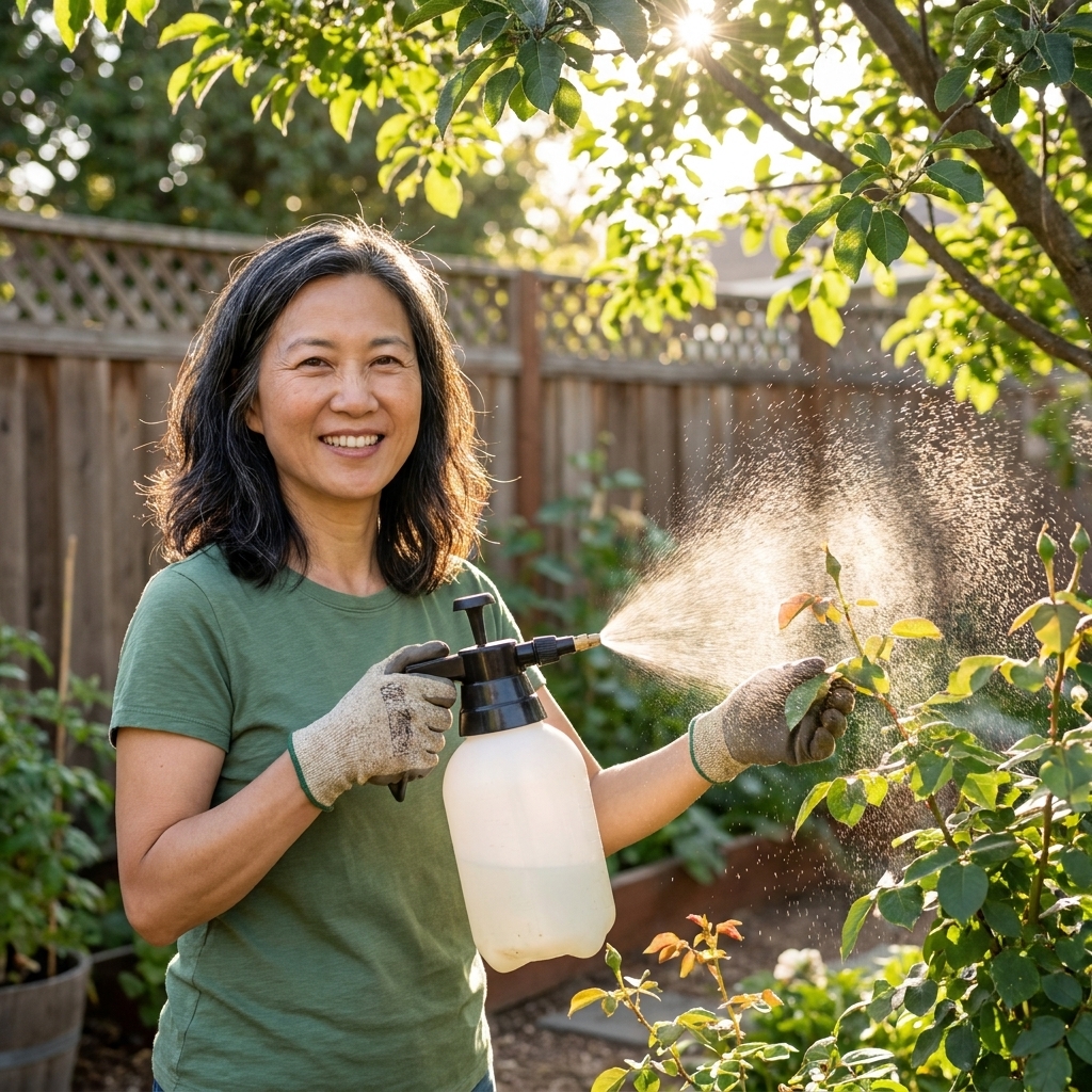 A gardener using a handheld pump sprayer to lightly mist compost tea onto rose leaves in a sunny backyard
