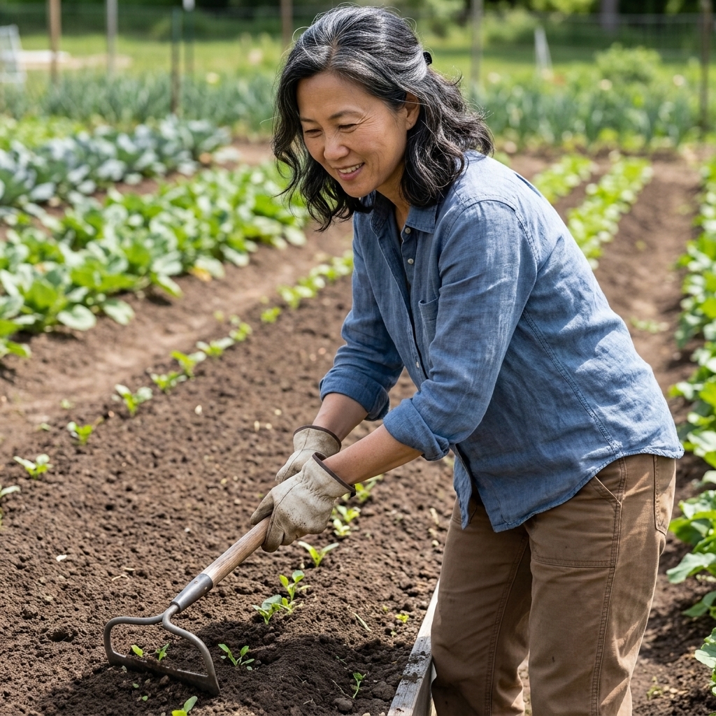 A gardener using a stirrup hoe to skim tiny weed seedlings off a smooth bare soil seedbed in bright daylight