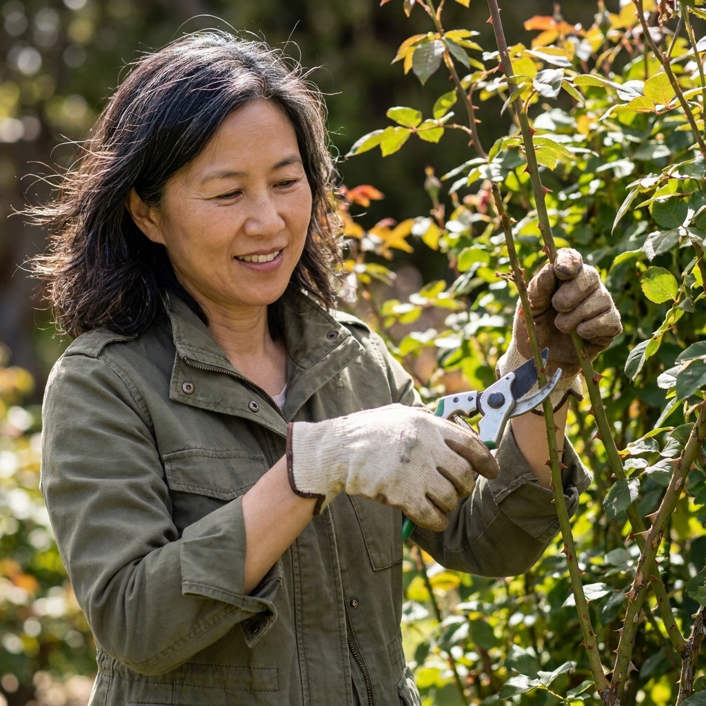 A gardener using clean bypass pruners to remove a crossing cane from a rose bush to open the center for better airflow