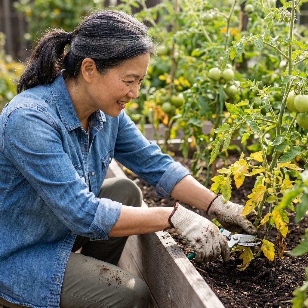 A gardener using clean pruning shears to remove lower tomato leaves near the soil line in a raised bed