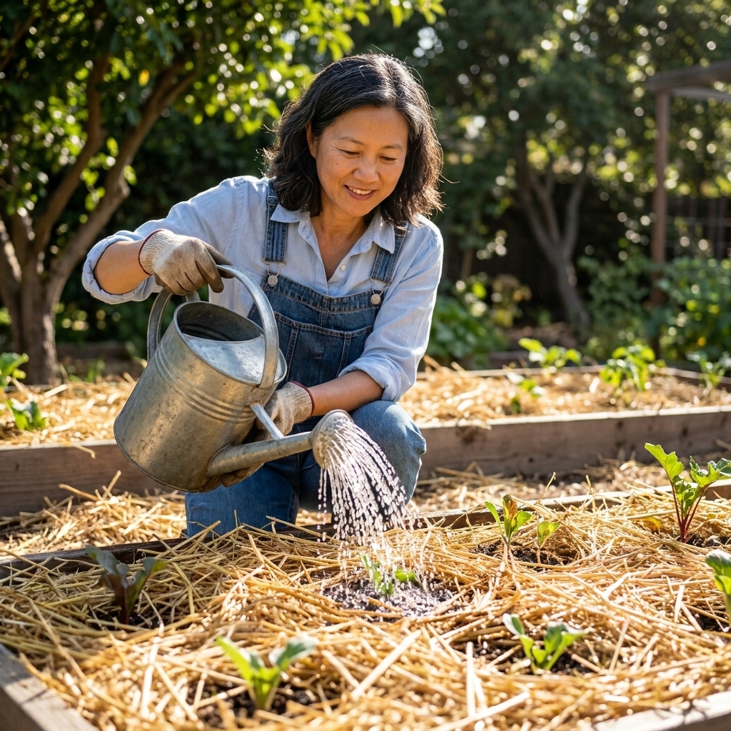 A gardener watering a vegetable bed covered with a thick layer of straw mulch, with water soaking in rather than running off