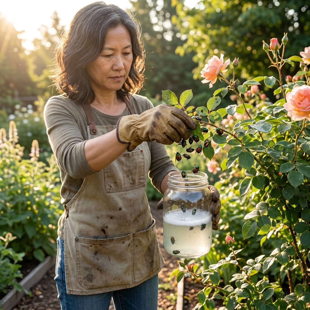 A gardener wearing gloves holding a jar of soapy water beneath a rose bush while shaking Japanese beetles into the jar on a summer morning