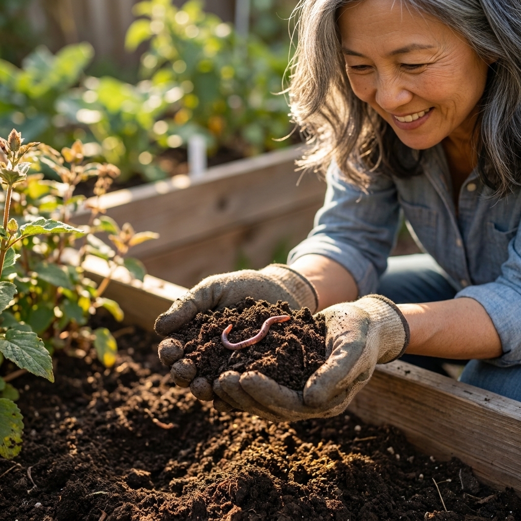 A gardener's hand holding dark, crumbly garden soil with a visible earthworm, showing healthy soil structure