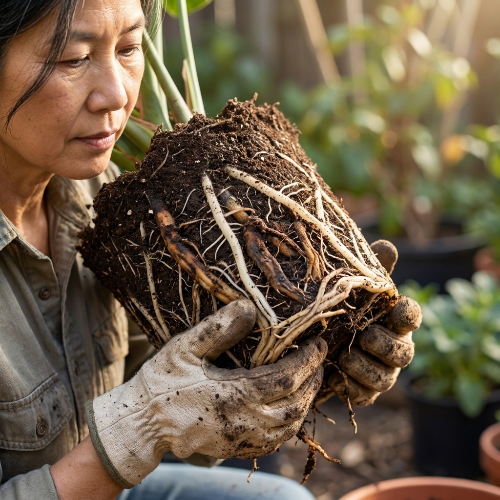 A gardener’s hands holding a root ball with some firm white roots and some dark mushy roots visible in the soil