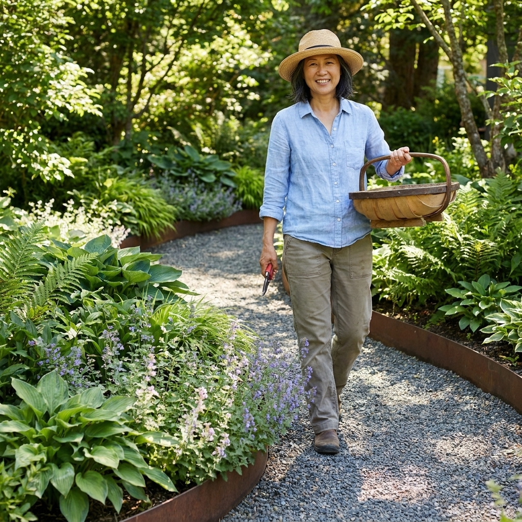 A gently curving gravel garden path with steel edging running through a backyard perennial bed, with lush green plants spilling slightly toward the walkway on a sunny day