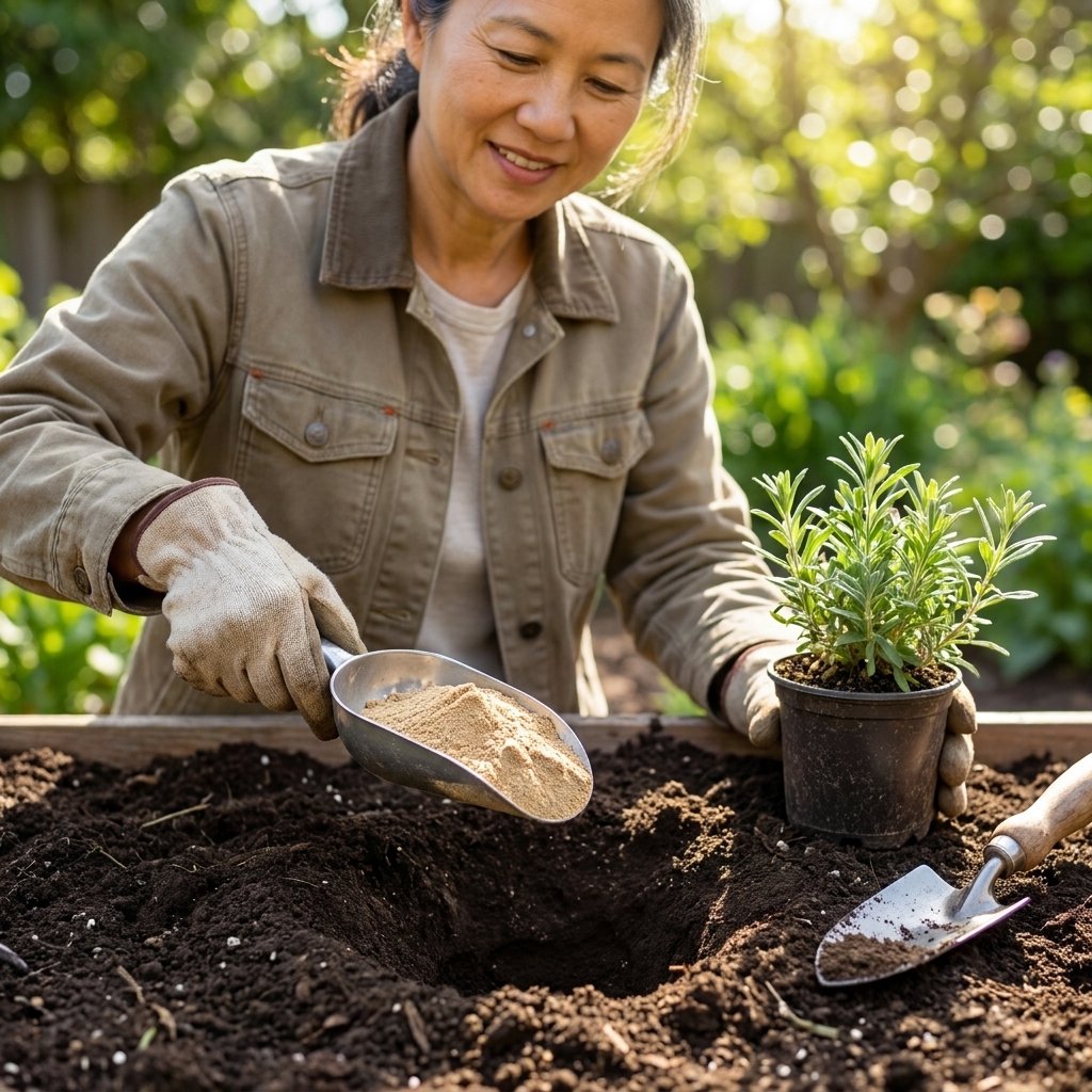 A hand holding a scoop of tan bone meal powder above a freshly dug planting hole in a garden bed, with a small perennial plant nearby ready to transplant