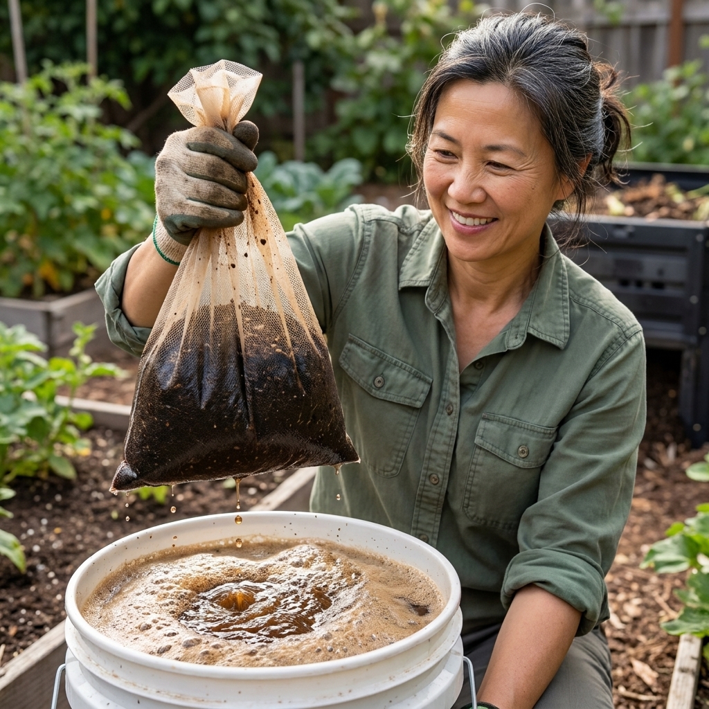 A hand lifting a nylon mesh bag filled with finished compost out of a bubbling bucket of aerated compost tea