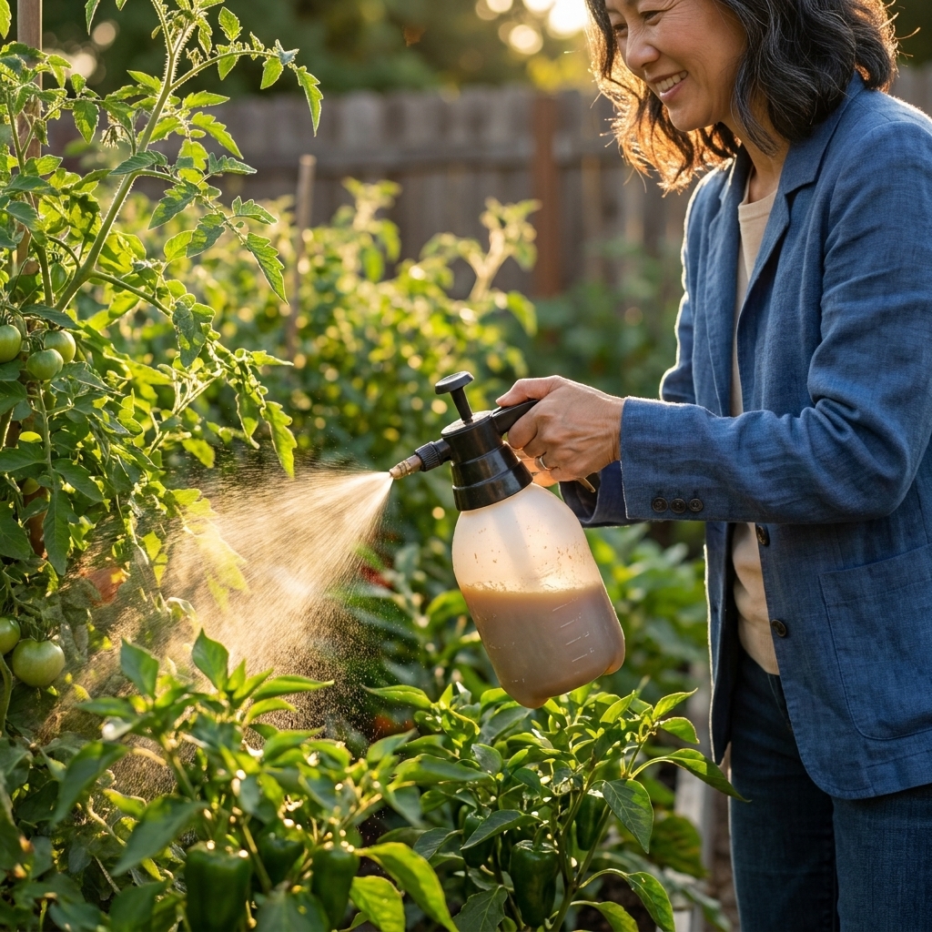 A hand spraying a neem mixture onto green garden foliage during late afternoon light