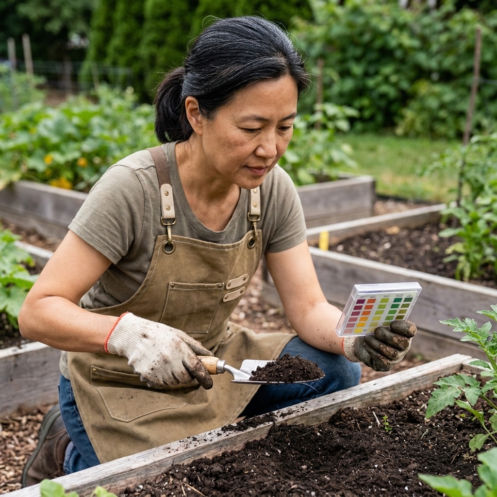A home gardener kneeling beside a garden bed using a soil test kit on a small soil sample on a trowel