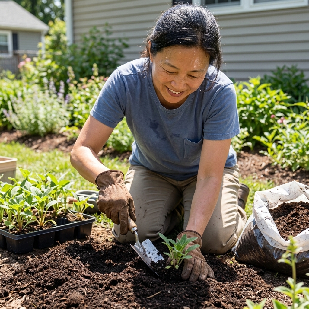A homeowner planting small perennial starts in a sunny garden border with compost spread on the soil