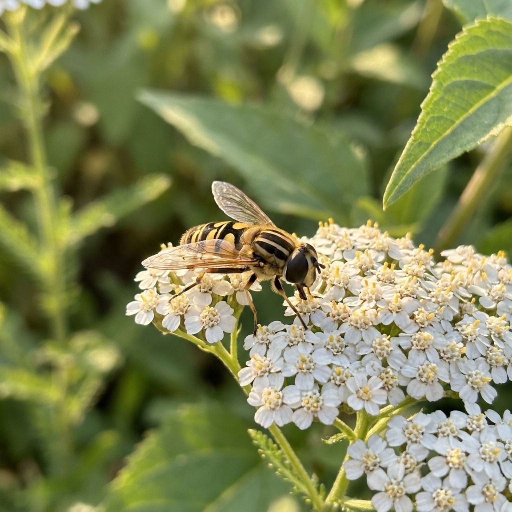 A hoverfly resting on a white yarrow flower head in a sunny garden, with soft green foliage behind it