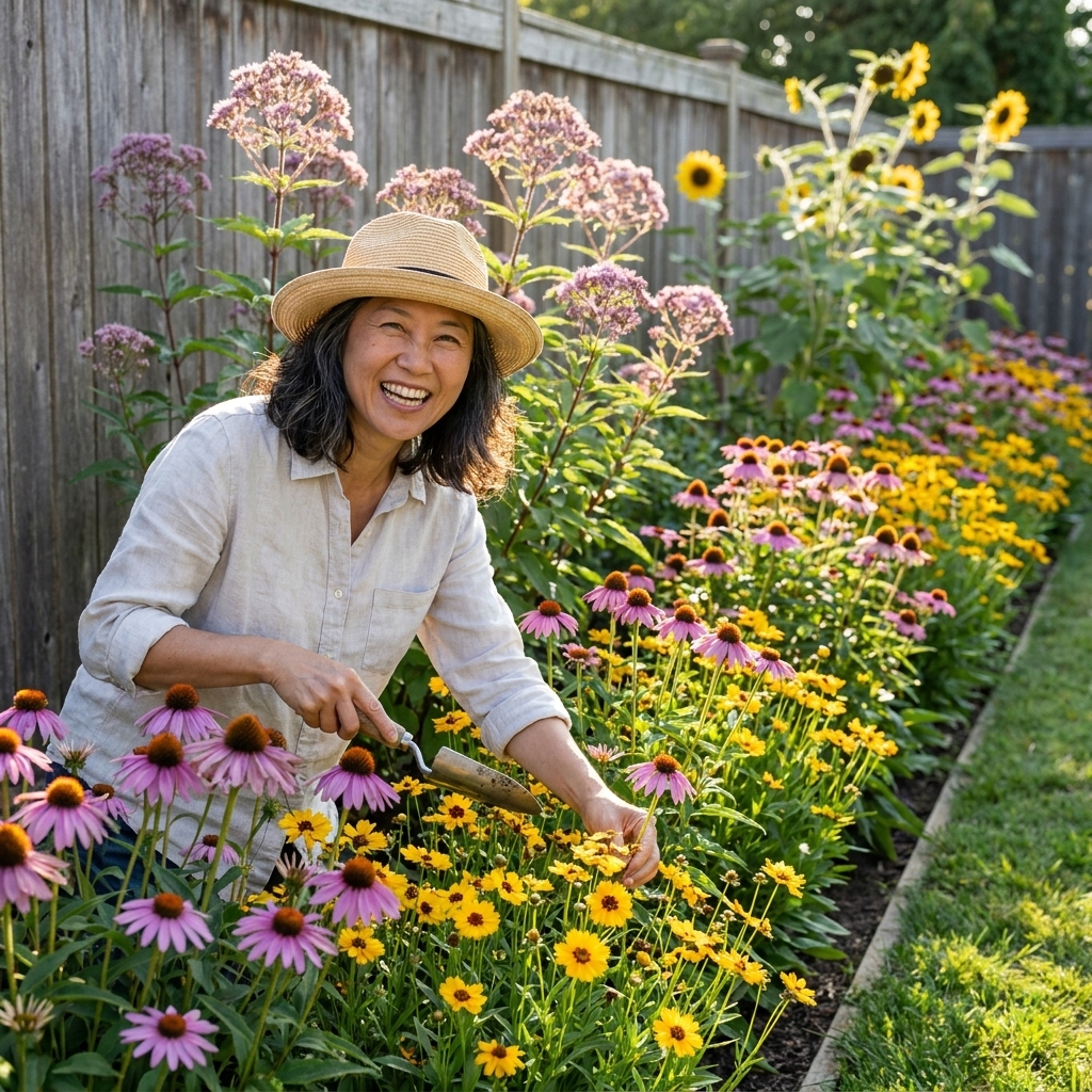 A long, sunny garden border with repeating drifts of purple coneflower and yellow coreopsis, with a few taller flowering plants at the back near a wooden fence