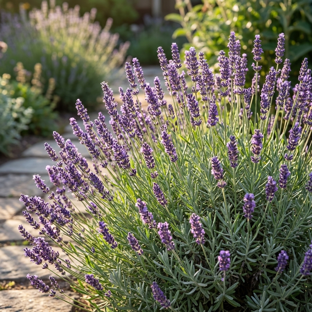 A mature English lavender plant in full bloom with purple flower spikes and silvery green foliage in a sunny garden