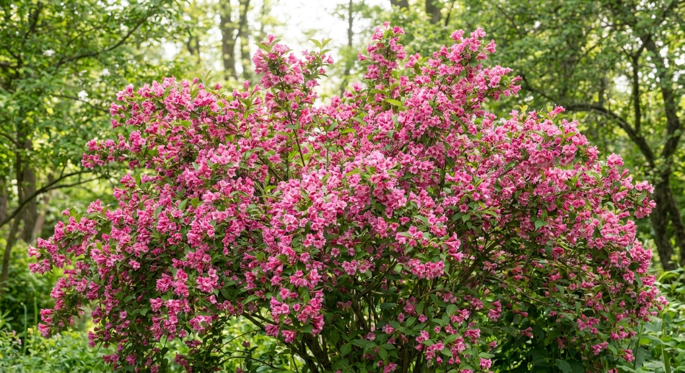A mature weigela shrub covered in bright pink trumpet-shaped flowers in late spring