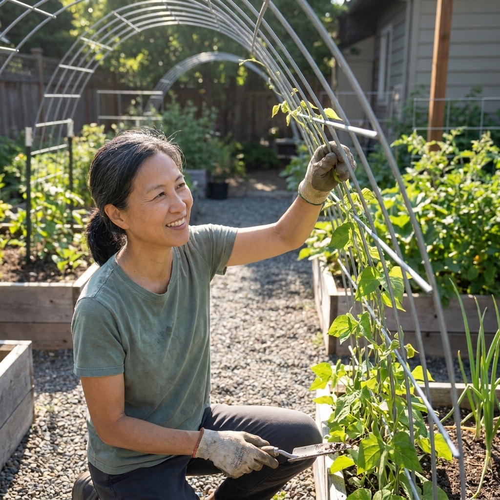 A metal cattle panel arched into a trellis over a garden path with young climbing beans starting to vine upward in a sunny backyard