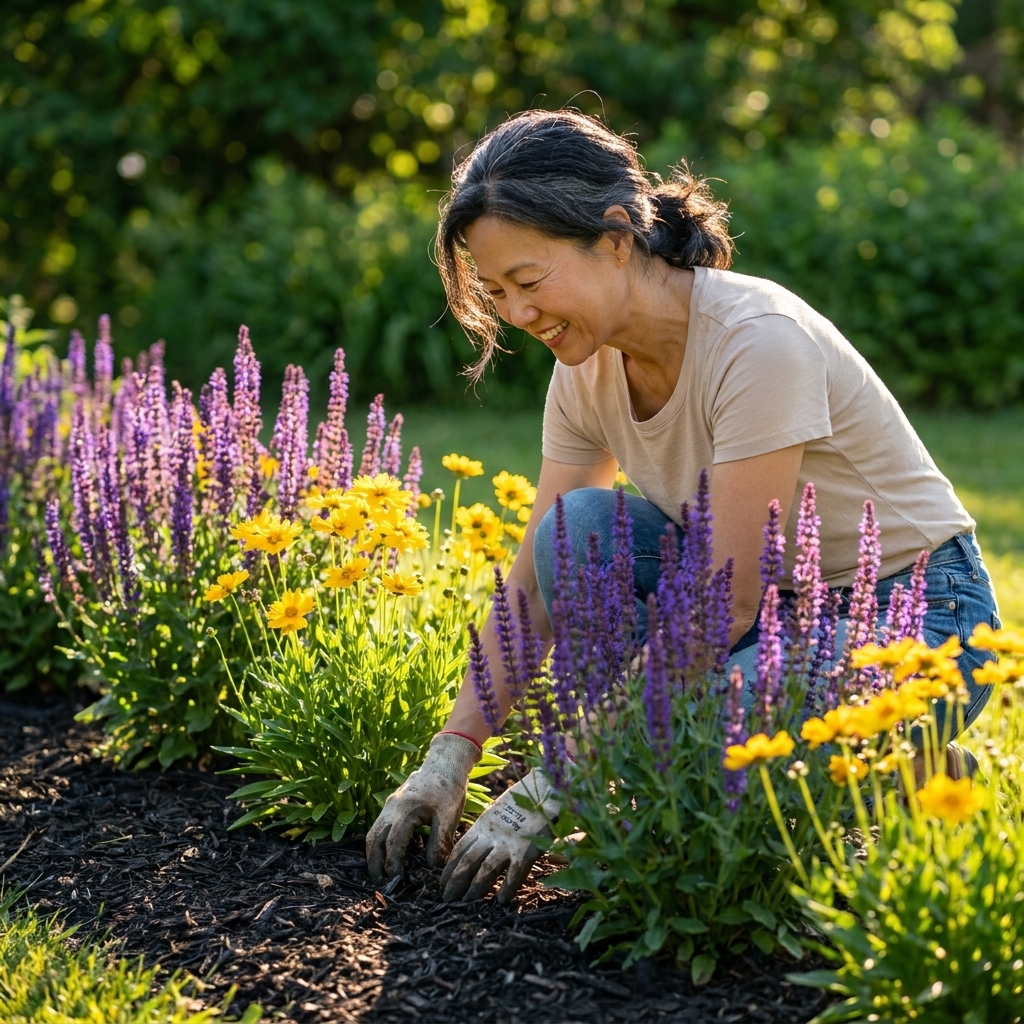 A midsummer garden border planted with purple salvia spikes and yellow daisy-like flowers in repeating clumps, with dark mulch and afternoon sunlight