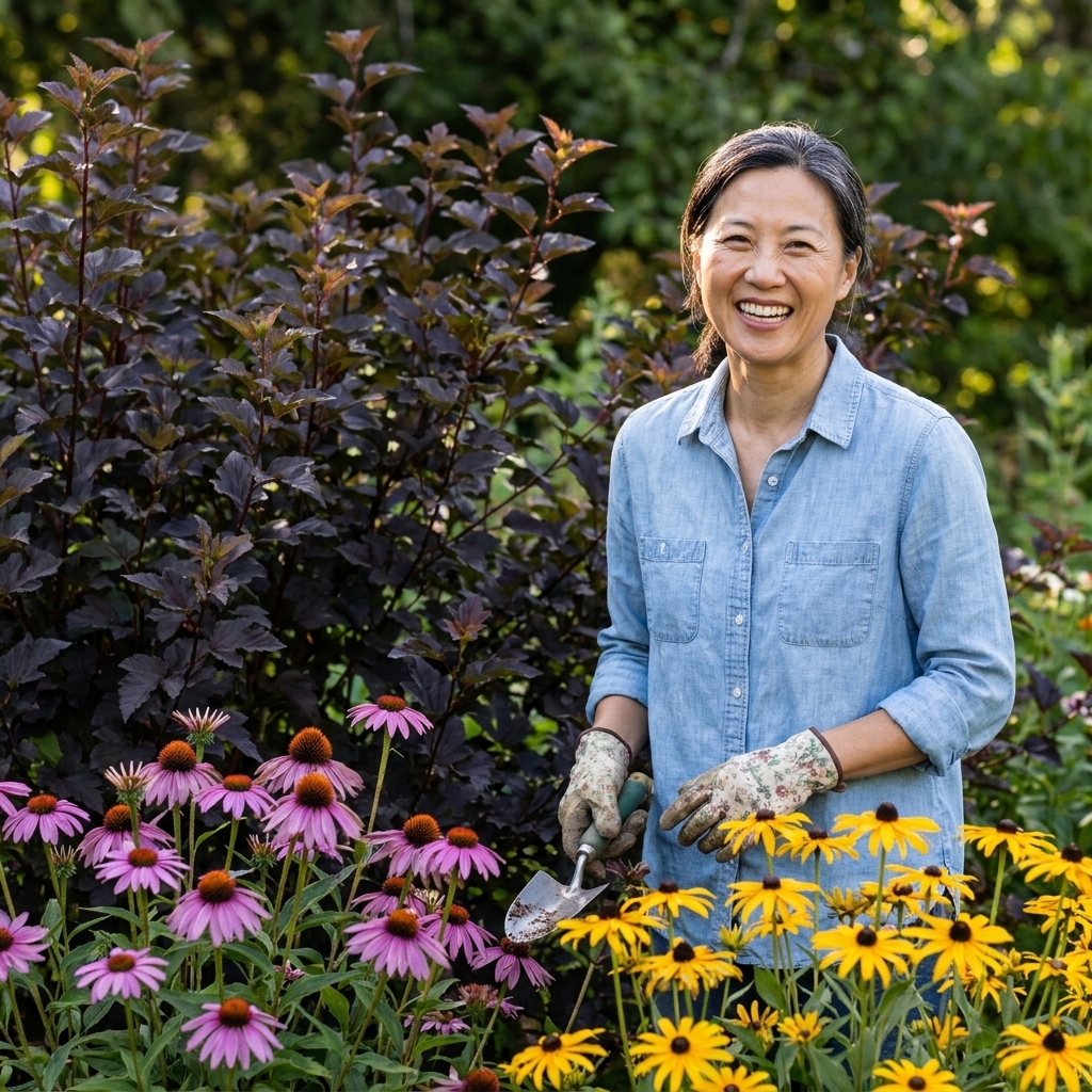 A mixed border featuring dark-leaved ninebark shrubs with coneflowers and black-eyed Susans blooming in front