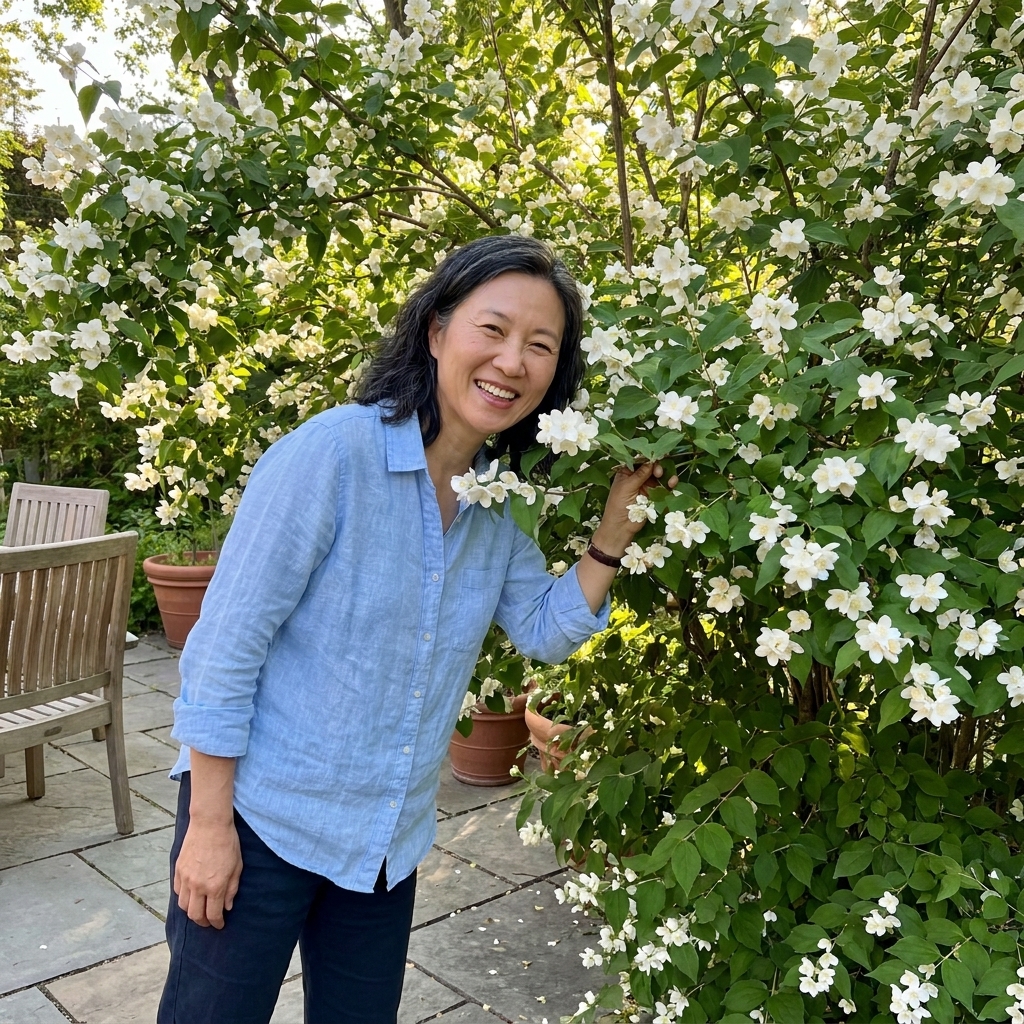 A mock orange shrub in bloom with abundant white flowers near a patio, suggesting strong fragrance and dense foliage