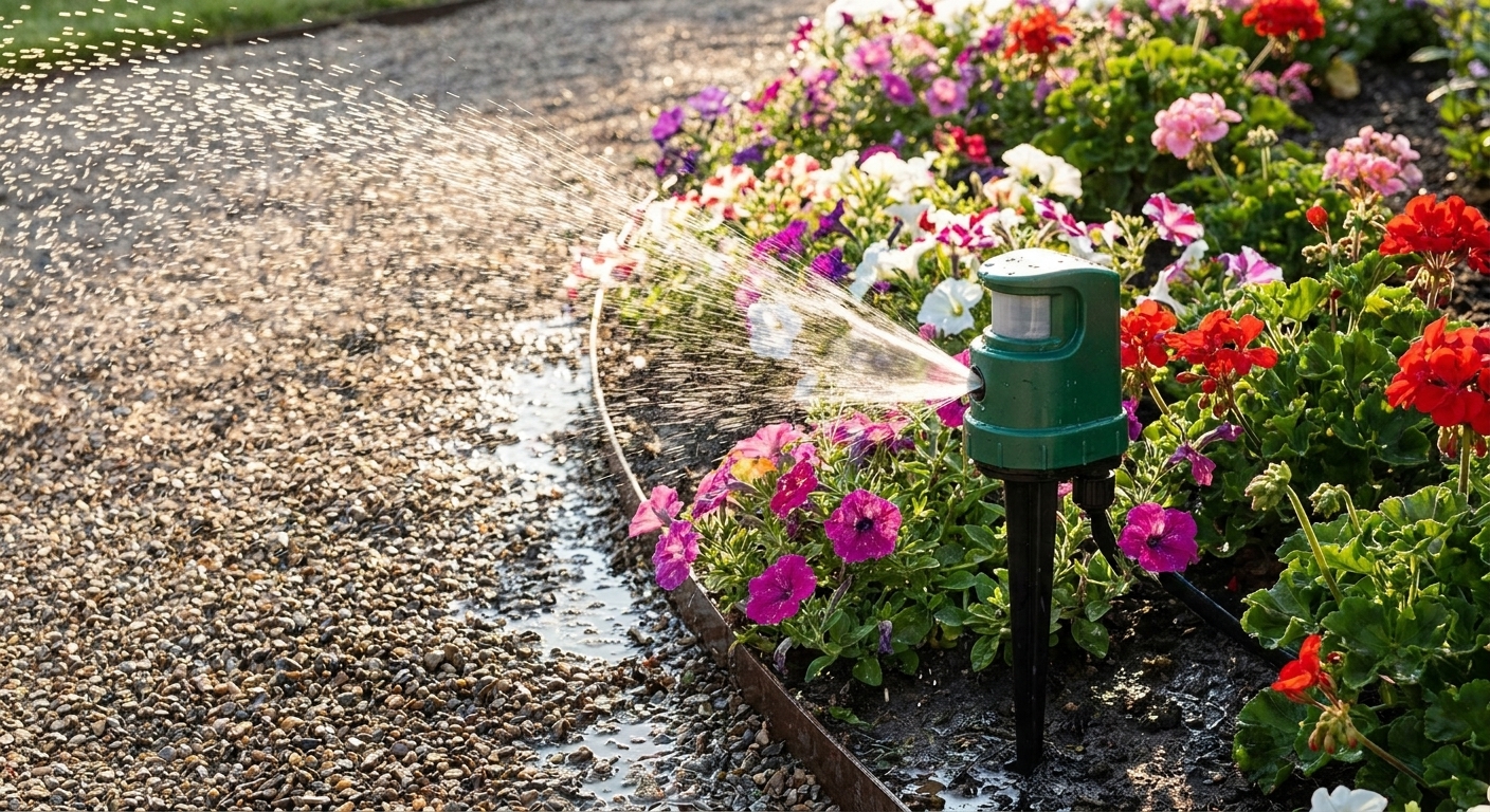 A motion-activated sprinkler installed near a flower border, spraying water across the edge of a garden bed