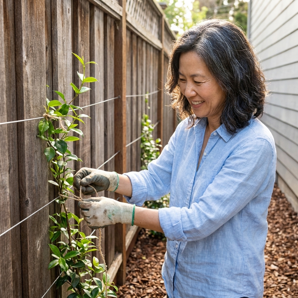 A narrow side yard with a wooden fence fitted with horizontal wire supports, with a young star jasmine vine tied in place and mulch at the base