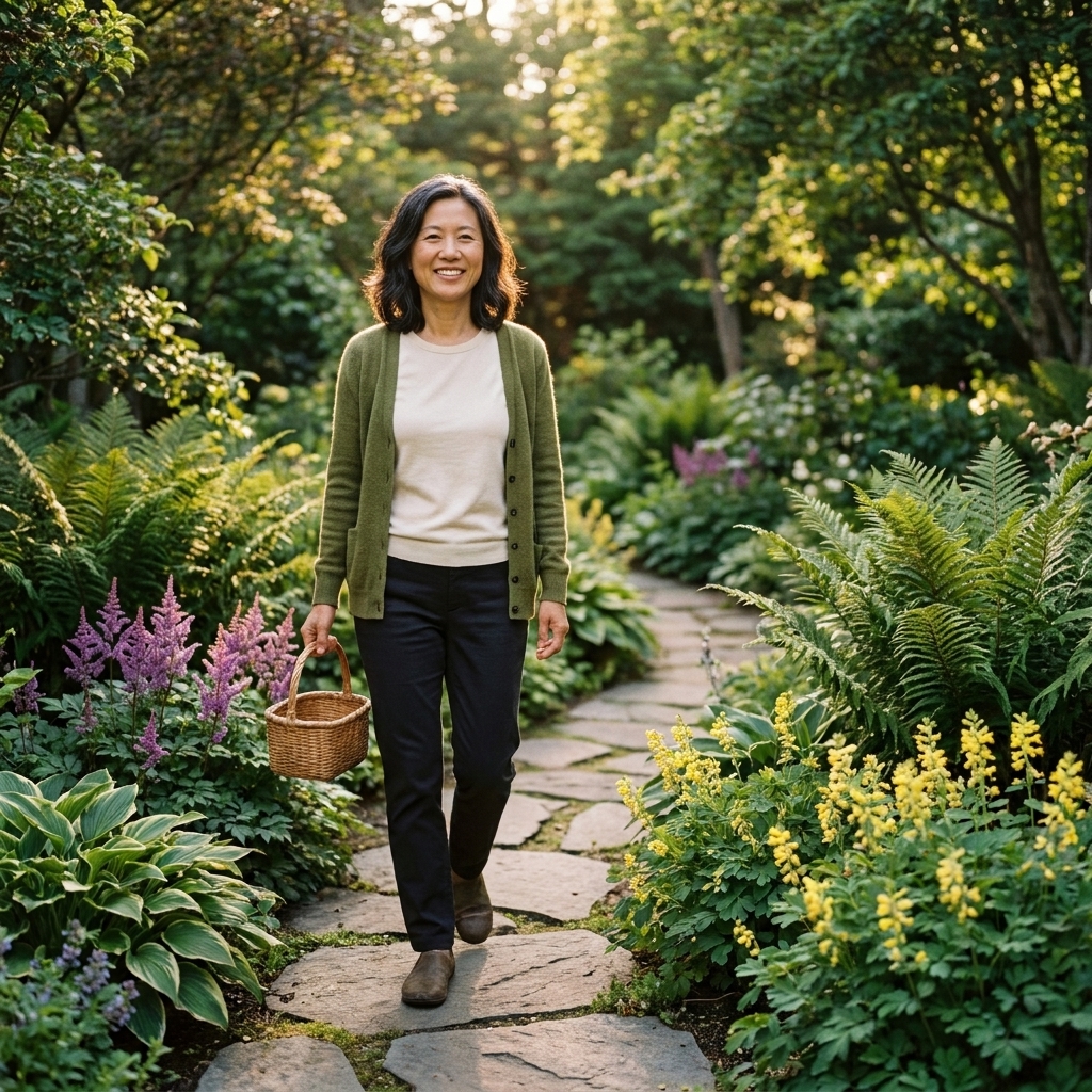 A natural flagstone garden path winding through dense green planting beds with ferns and flowering perennials, photographed in soft afternoon light