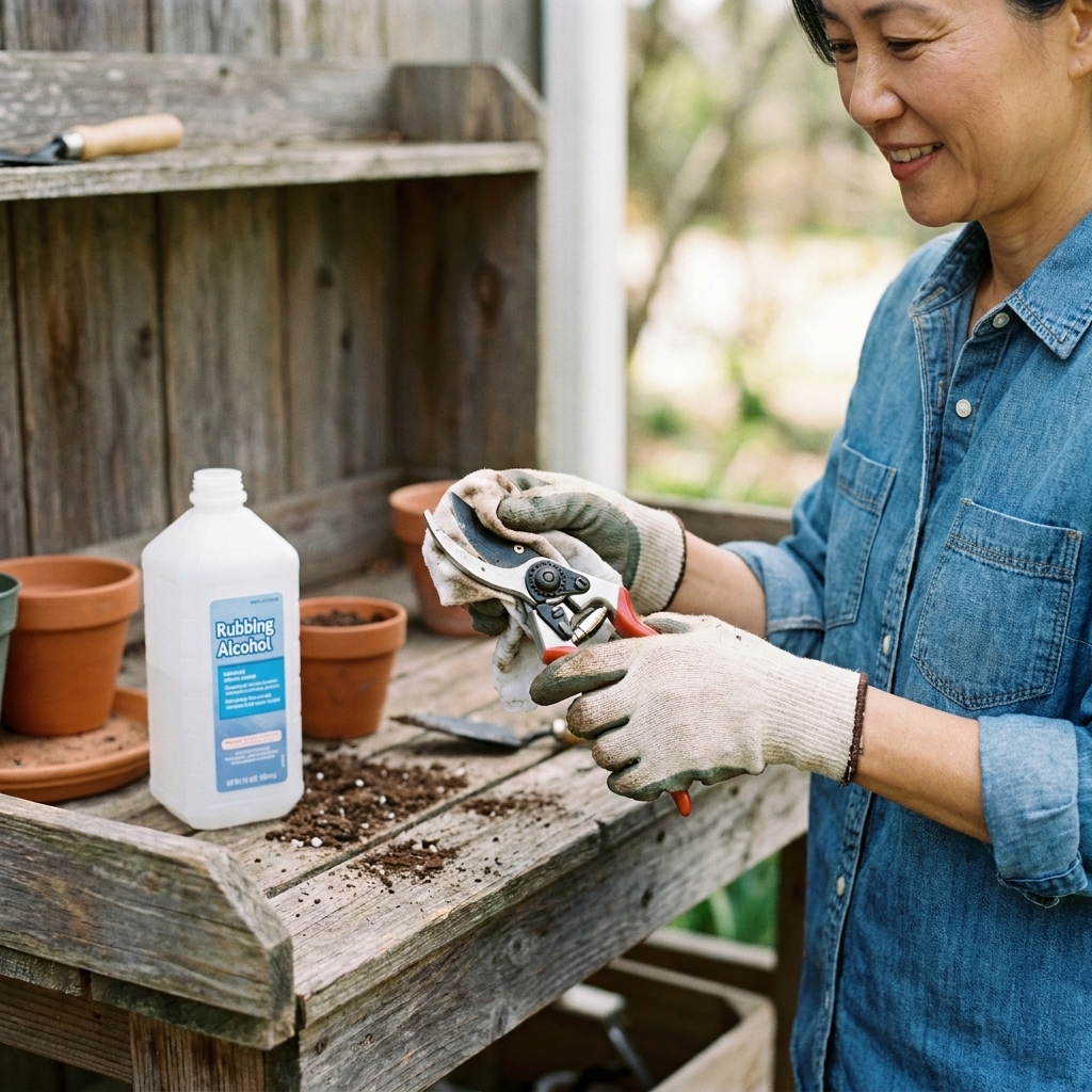 A pair of bypass pruners being wiped with a cloth soaked in rubbing alcohol on a potting bench