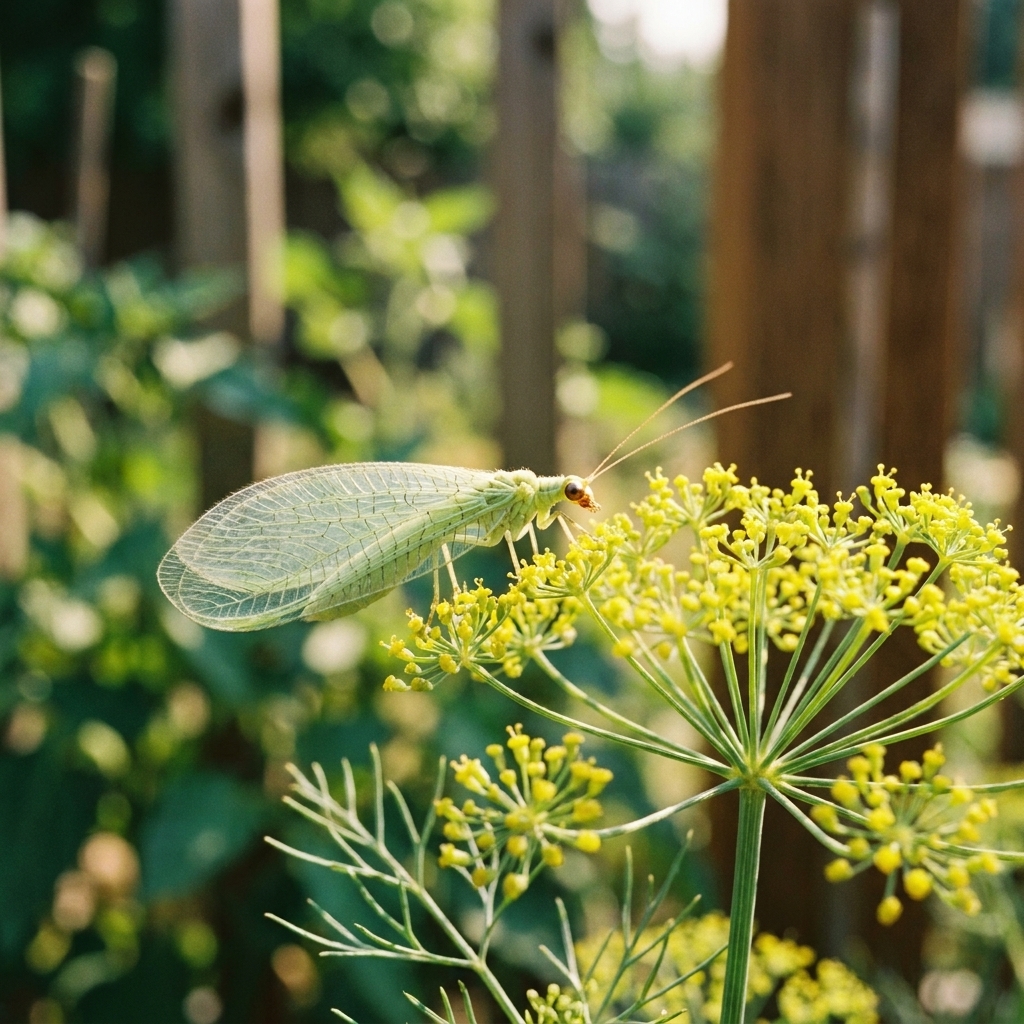 A pale green adult lacewing perched on flowering dill umbels in a backyard garden