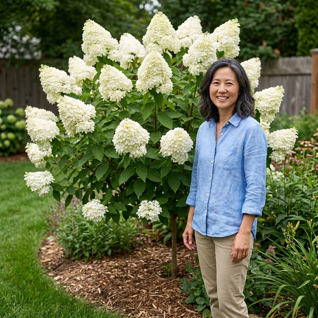 A panicle hydrangea with large cone-shaped white flower clusters in a landscaped yard