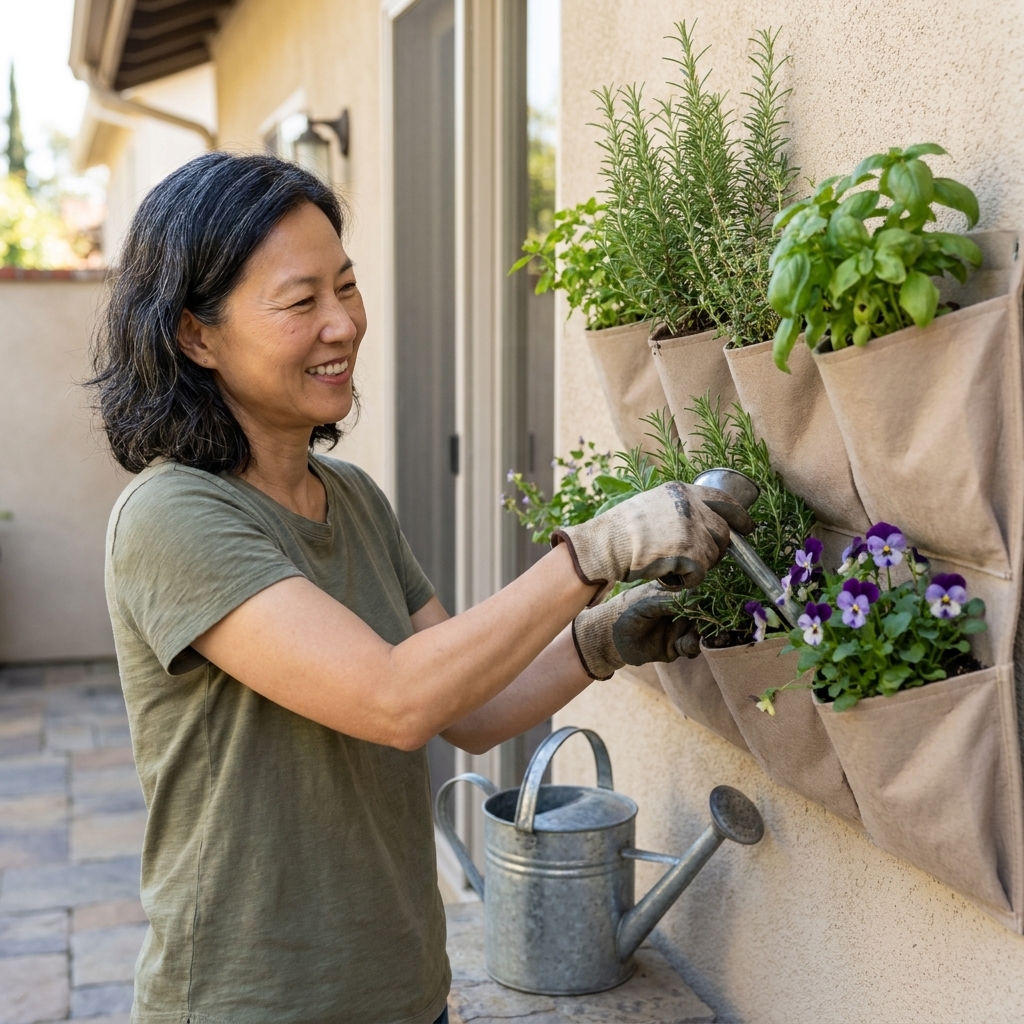 A patio wall with mounted fabric planting pockets filled with herbs and small flowering plants, with a watering can resting on the ground nearby