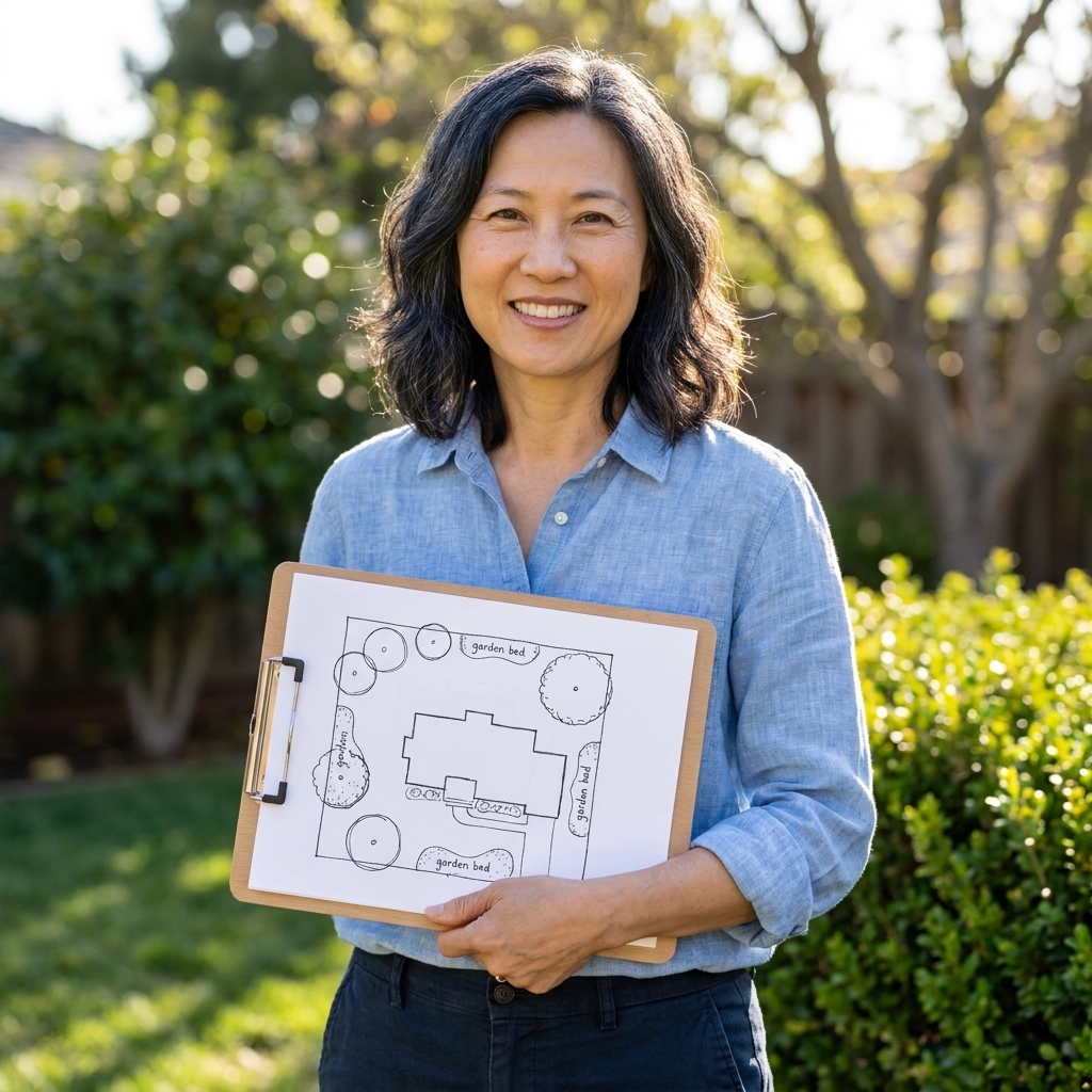 A person holding a clipboard with a hand drawn yard map showing the house outline, trees, and garden bed shapes
