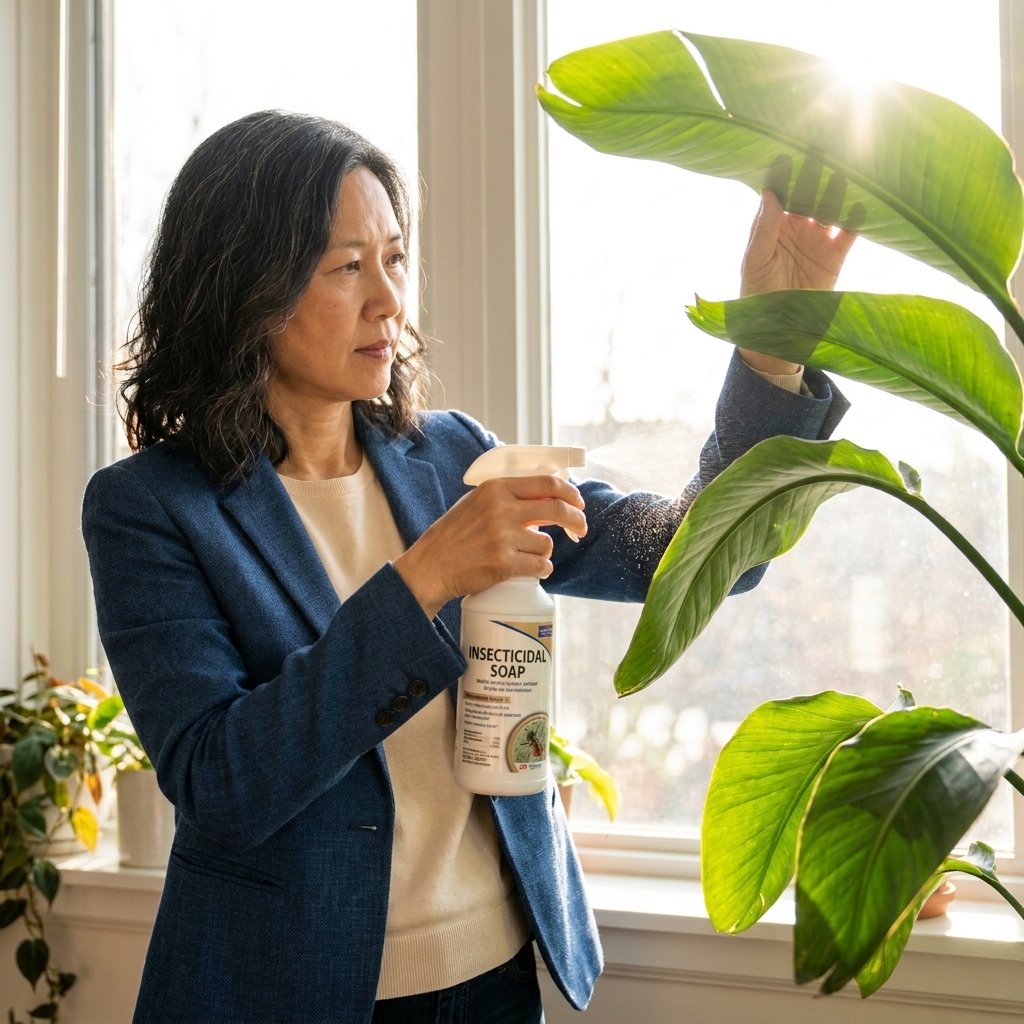 A person spraying insecticidal soap onto the underside of a houseplant leaf near a sunny window