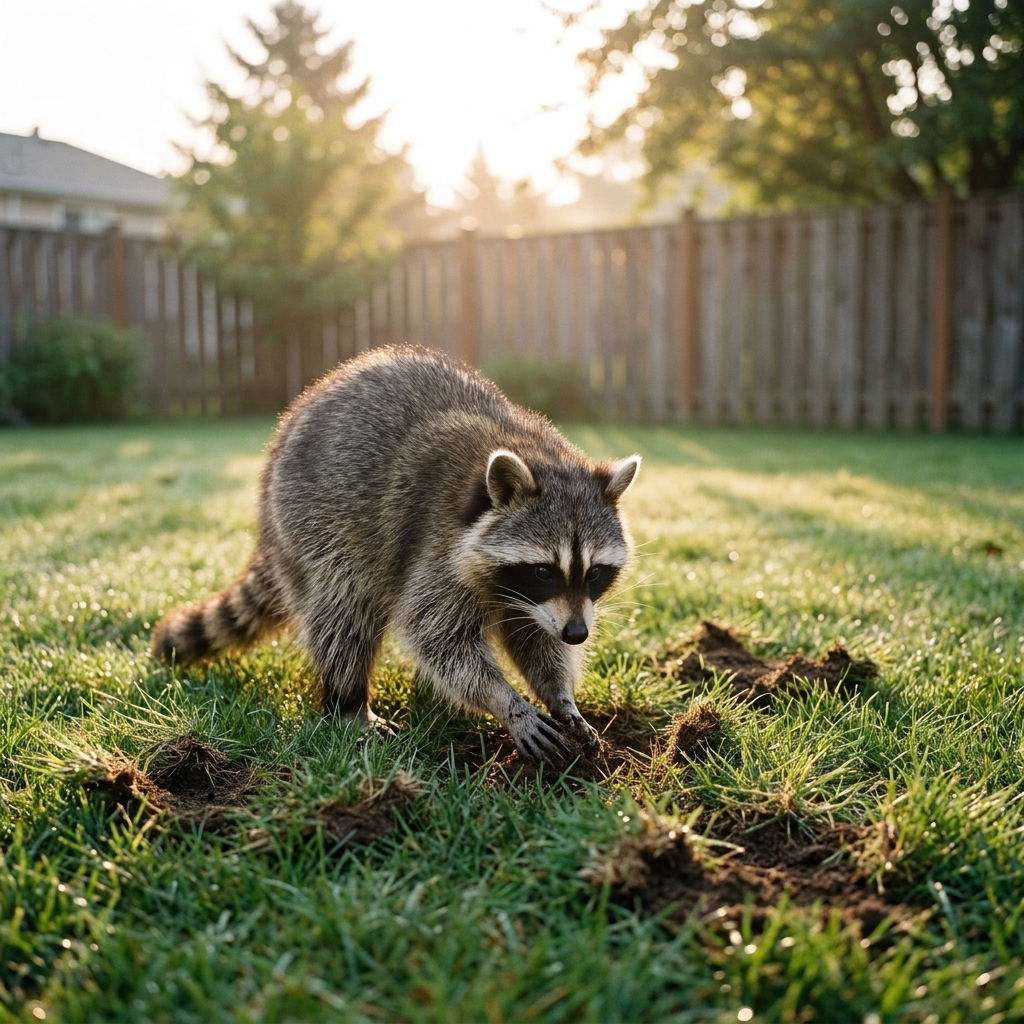 A raccoon in a suburban yard at dawn with small patches of turf torn back from digging for food