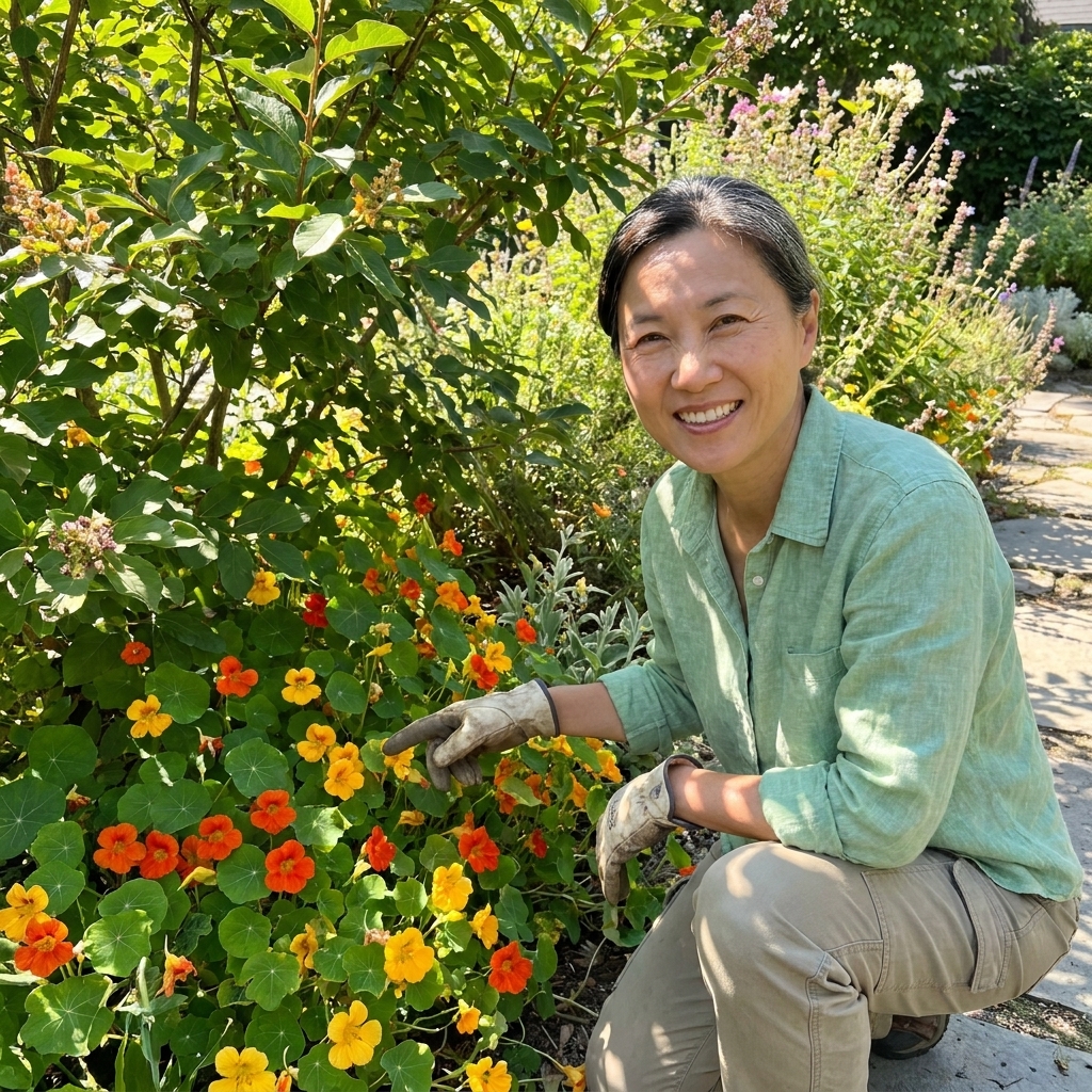 A real garden photograph of bright nasturtium flowers growing beneath shrubs in a mixed planting bed on a sunny day