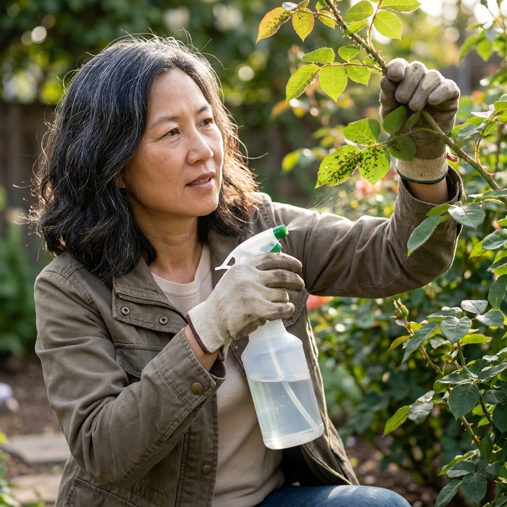 A real photograph of a gardener holding a spray bottle near rose leaves, preparing to mist the underside where aphids hide