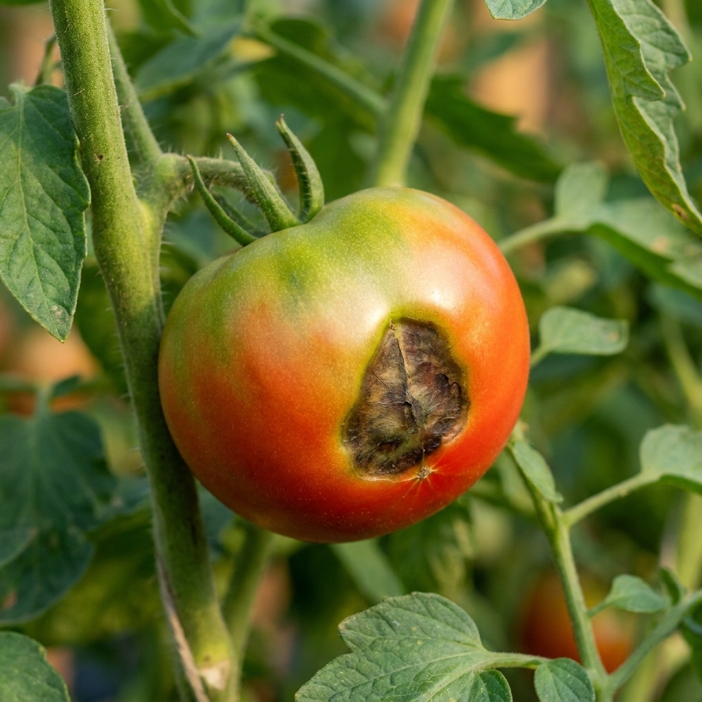 A ripening tomato on the vine showing a dark sunken patch on the blossom end, with green leaves in the background