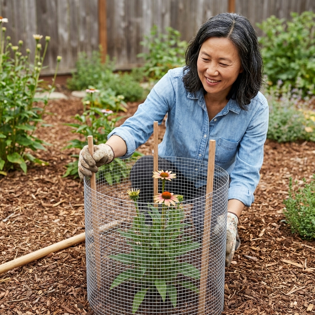 A round hardware cloth cage staked around a young flowering perennial in a mulched bed