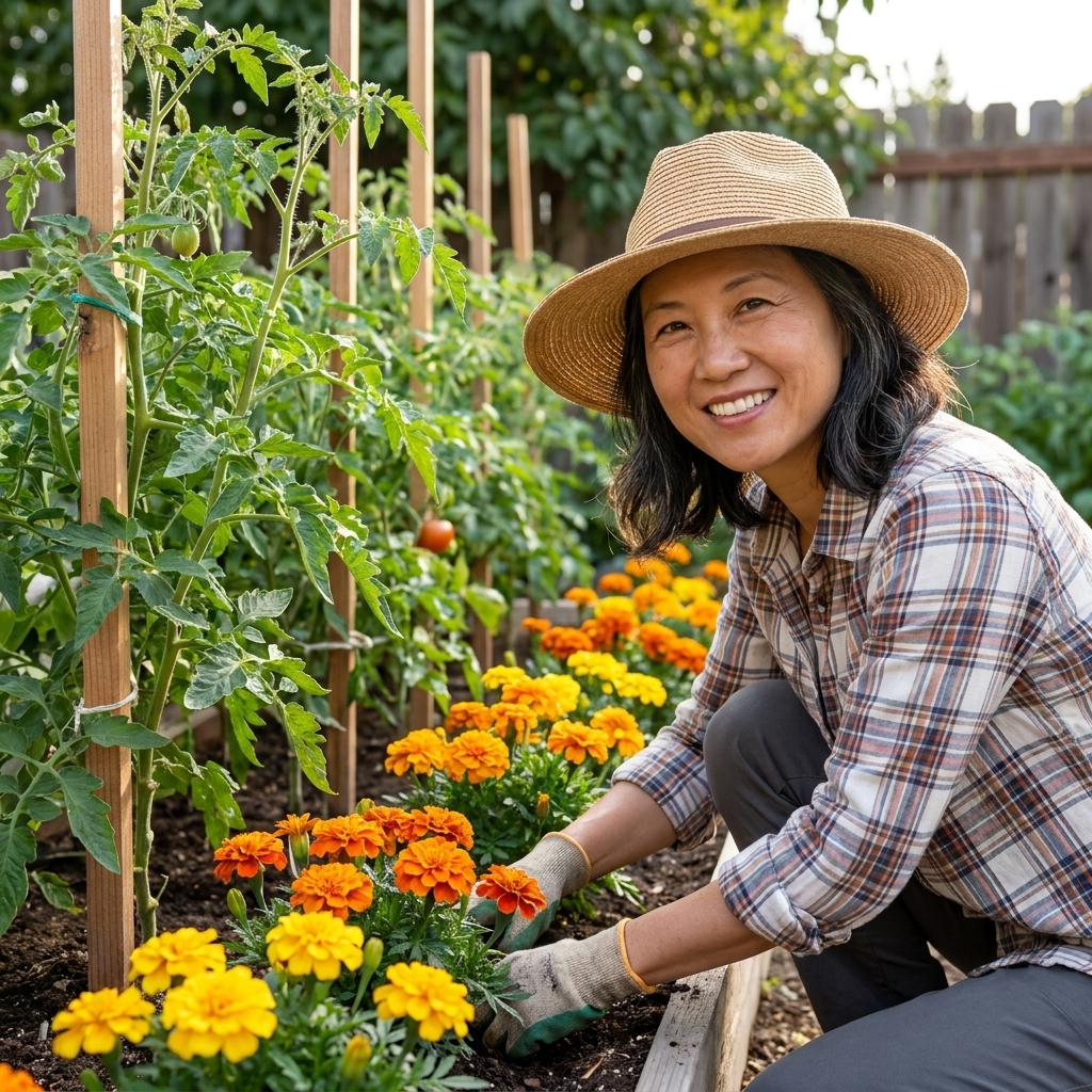 A row of blooming French marigolds planted beside staked tomato plants in a home garden bed