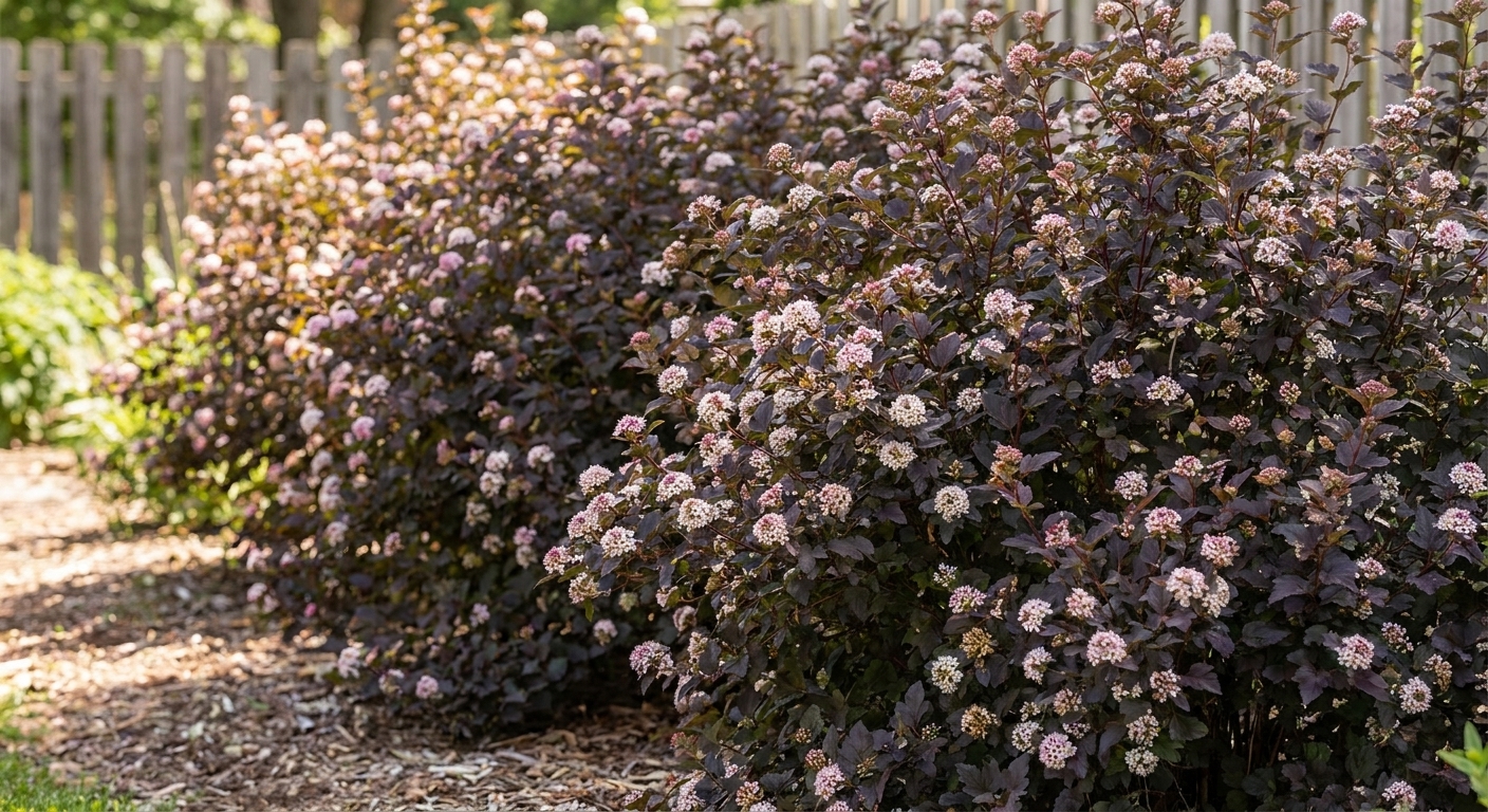 A row of ninebark shrubs with deep burgundy foliage and pale spring flower clusters creating a dense privacy screen