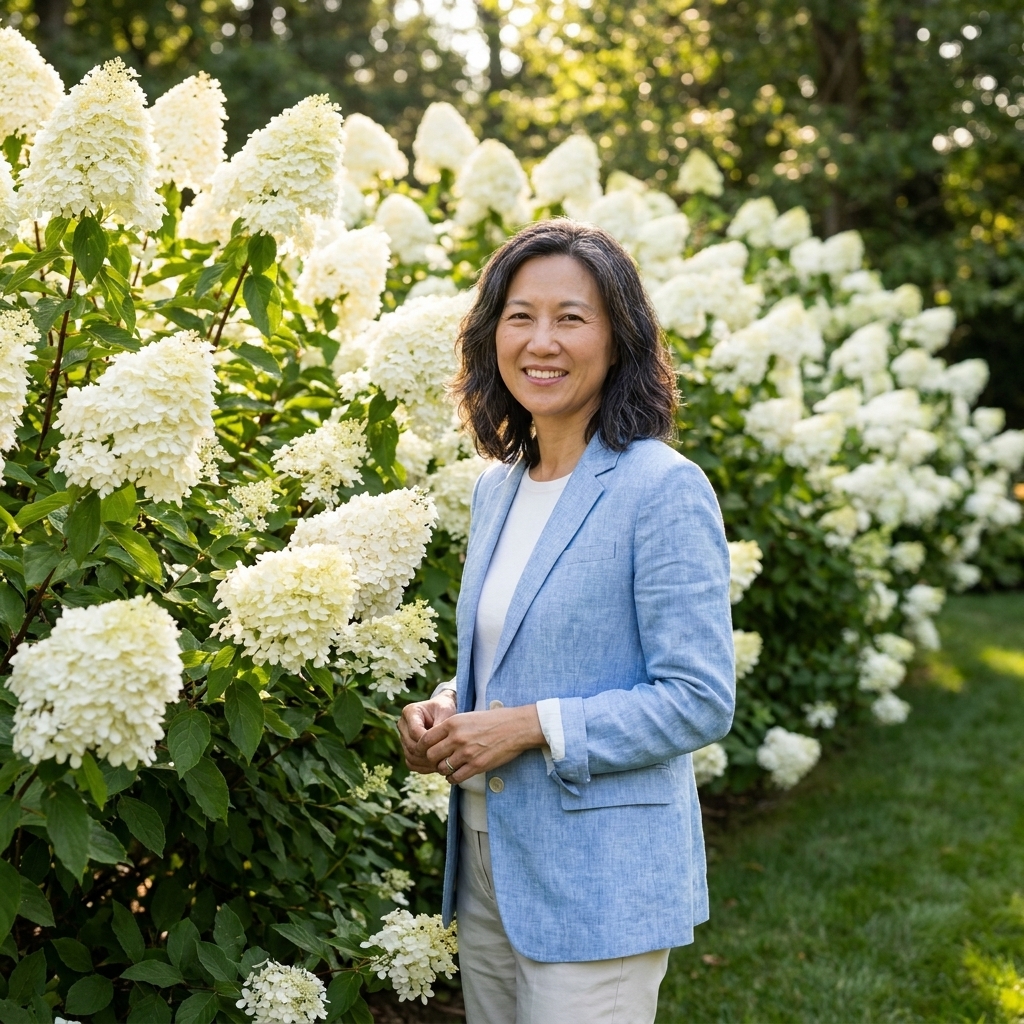 A row of panicle hydrangeas with large white cone-shaped flower clusters forming a thick summer privacy hedge