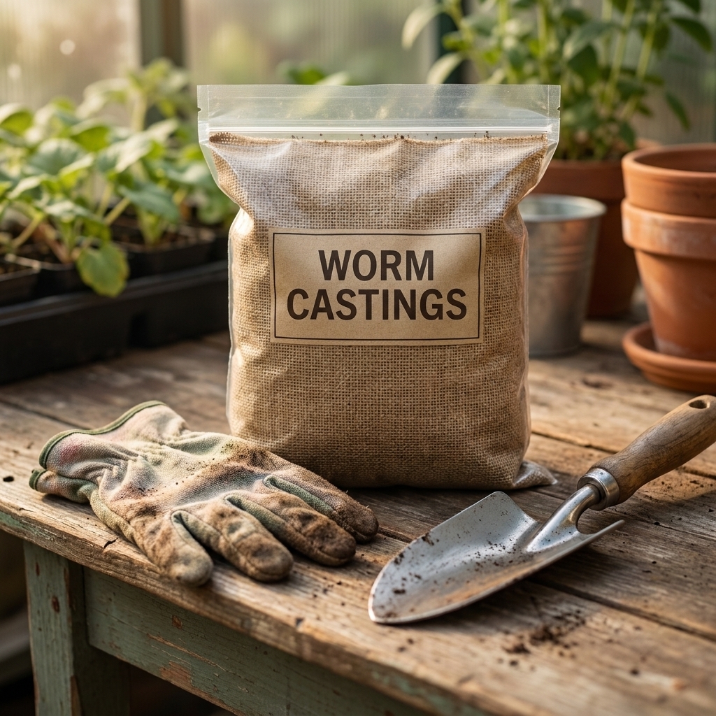 A sealed bag of worm castings sitting on a potting bench next to gardening gloves and a small hand trowel