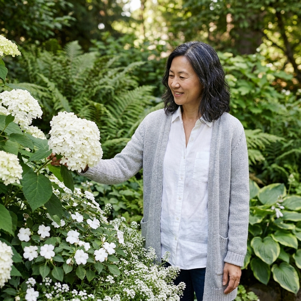 A serene garden planting with white flowers at different heights, including white hydrangea blooms and smaller white blossoms below, surrounded by lush green leaves