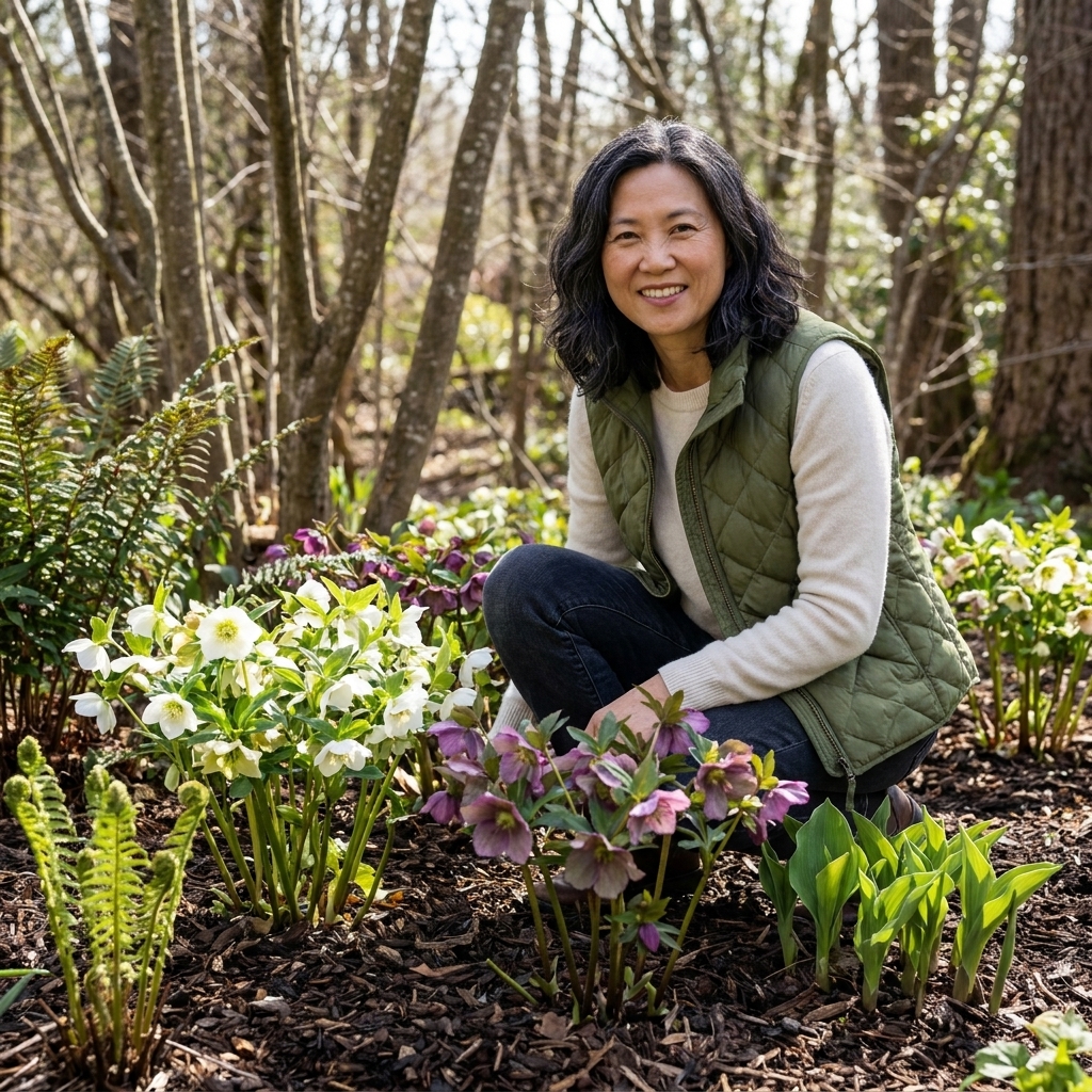 A shaded garden border with hellebores in bloom beneath deciduous trees, surrounded by dark mulch and emerging spring foliage