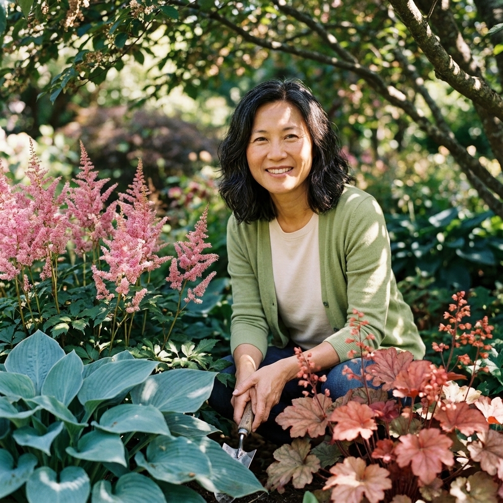 A shady garden bed with pink astilbe plumes blooming among hostas and coral bells, with filtered sunlight through overhead branches