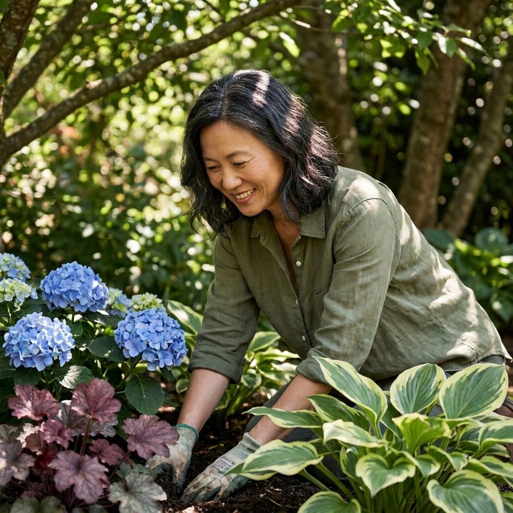 A shady garden border with mophead hydrangeas, hostas, and coral bells under dappled light from trees