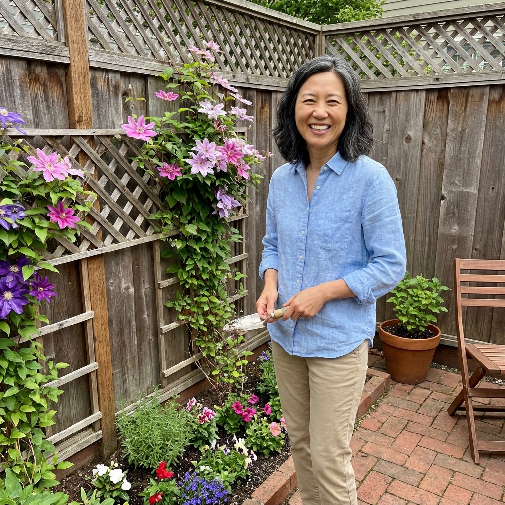A small backyard fence with a simple wooden lattice trellis supporting flowering vines, with a narrow planting bed at the base and a tidy patio nearby