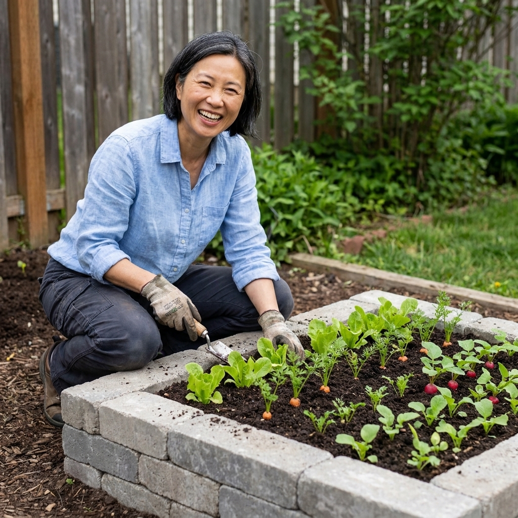 A small backyard raised bed built from stacked concrete blocks filled with dark soil, with young vegetable seedlings planted in neat rows