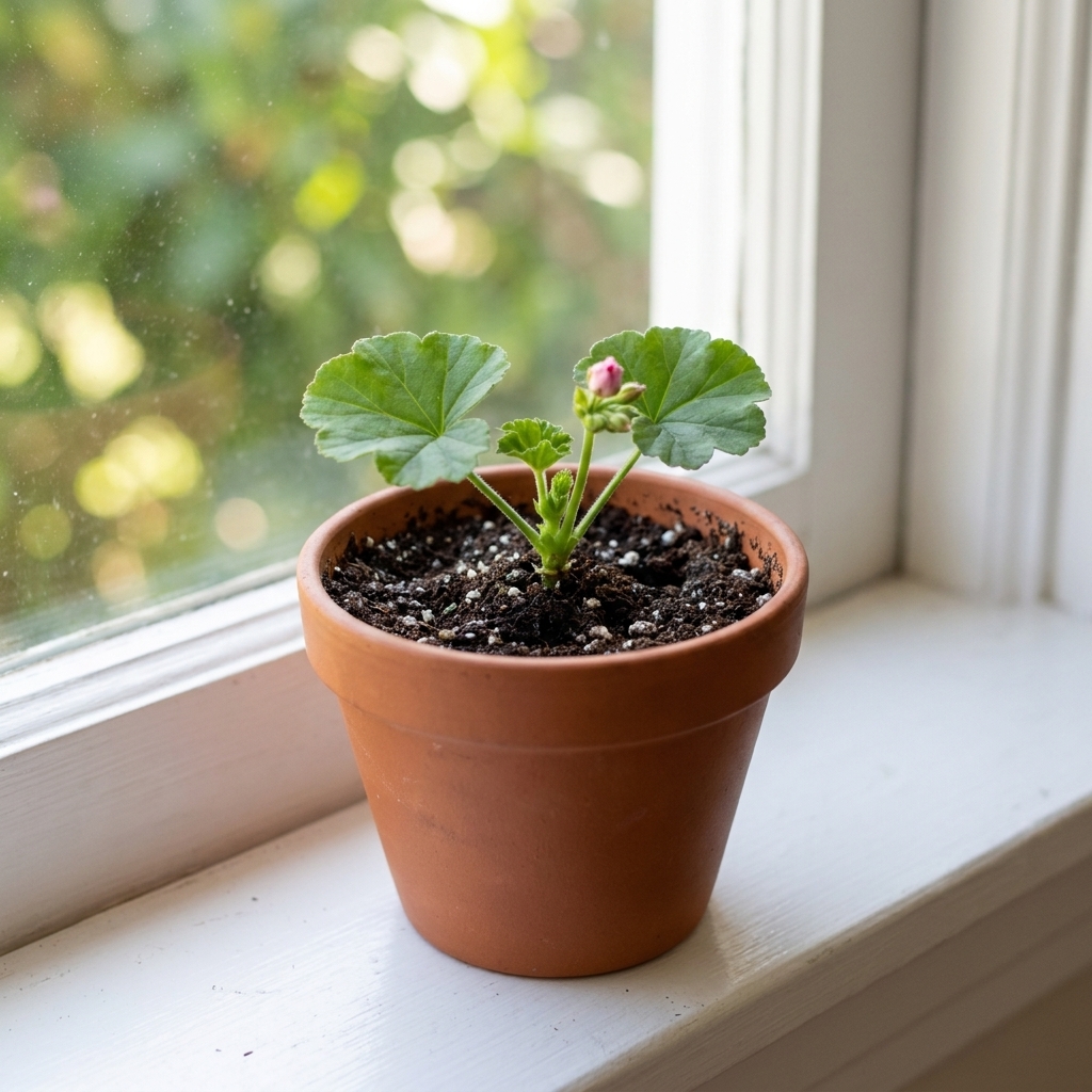 A small geranium cutting planted in a nursery pot filled with potting mix, sitting on a bright windowsill with soft daylight
