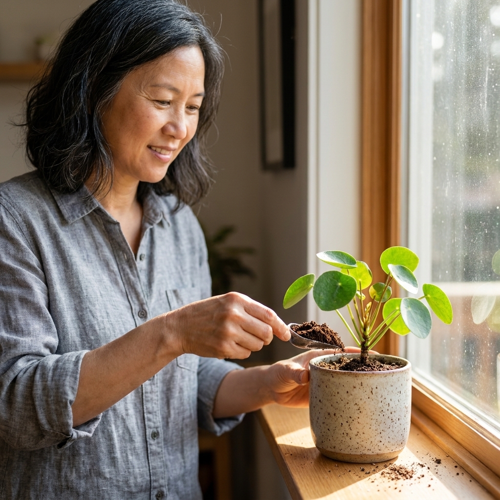 A small indoor houseplant in a ceramic pot being topdressed with a thin layer of worm castings near a bright window