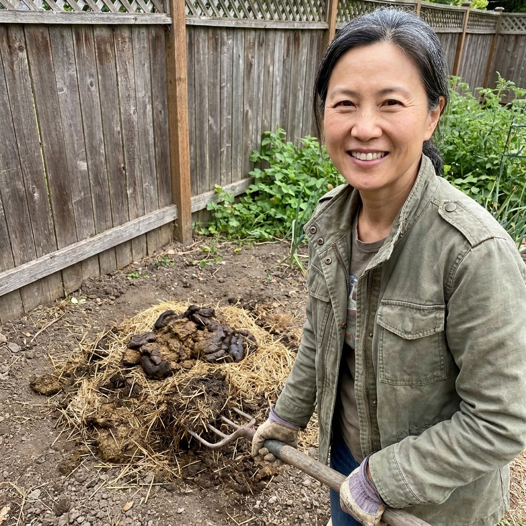 A small outdoor pile of aged cow manure mixed with straw bedding, dark brown and crumbly, sitting on bare soil near a garden fence