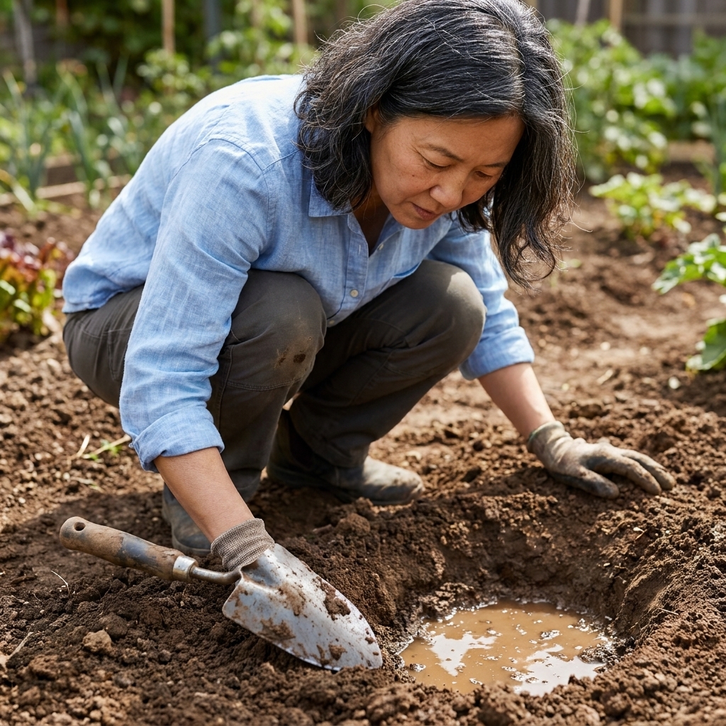 A small shovel-dug hole in garden soil partially filled with water for a simple drainage test, with a trowel resting nearby